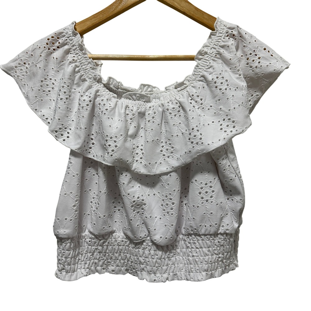 Bar III White Eyelet Ruffle Off The‎ Shoulder Smocked Crop Top Women's Size M